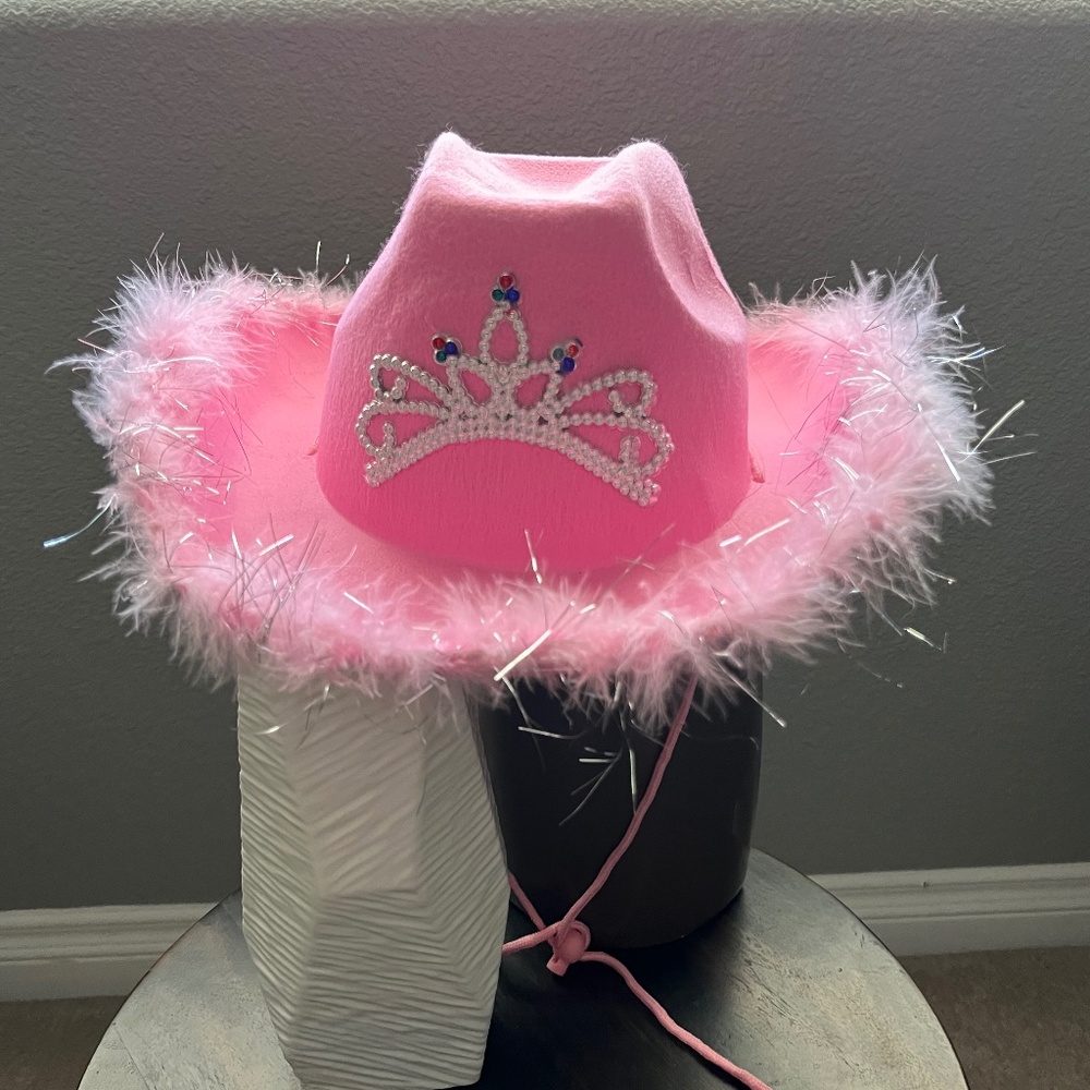 Pink Cowboy Cowgirl Hat with Feather and Tiara NWOT